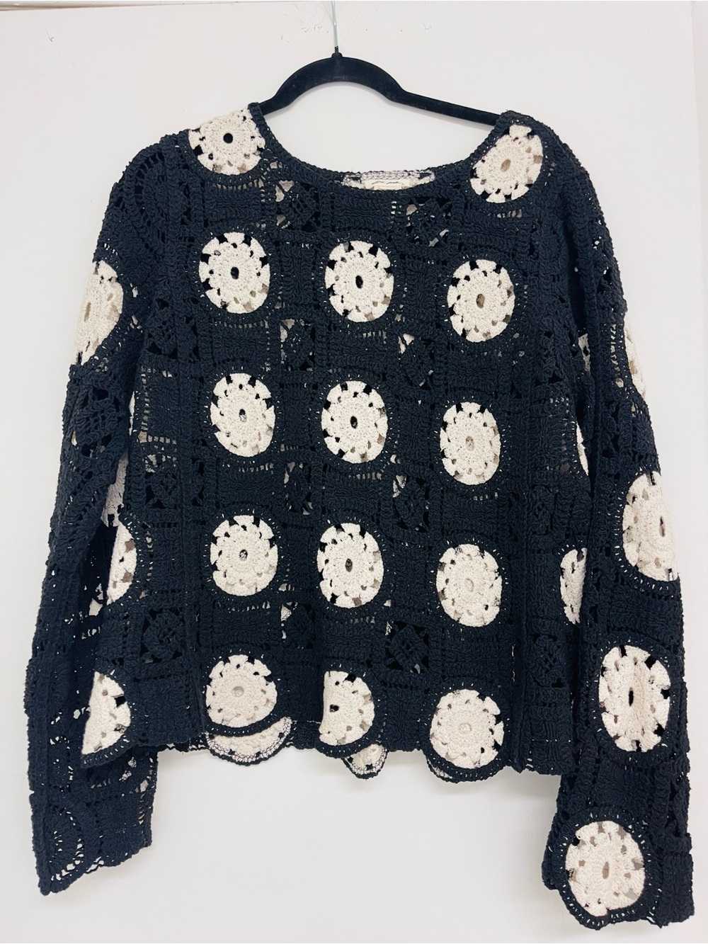 Ultra Pink Black Crochet Crewneck Sweater with Cream Circle Insets